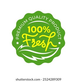 Diseño de etiqueta de círculo verde de Vector de alimentos 100% frescos. Abstractas hoja de menta. para producto natural, orgánico, icono, verde, comida saludable, vegano, logotipo, etiqueta, sello, señal, sello, símbolo, insignia, etiqueta, emblema