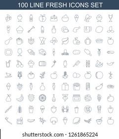 100 fresh icons. Trendy fresh icons white background. Included line icons such as apple, porridge, peas, lemon, ice cream, mushroom, clean, cucumber. fresh icon for web and mobile.