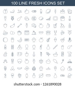 100 fresh icons. Trendy fresh icons white background. Included line icons such as boiled egg, pie, pear, leaf, bottle, milkshake, strawberry, ice cream. fresh icon for web and mobile.