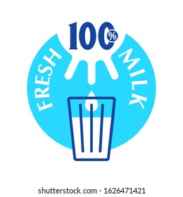 100% Fresh Milk emblem - hundred percent natural dairy products sticker for packaging - milk flowing from the udder into the glass - vector isolated drink icon
