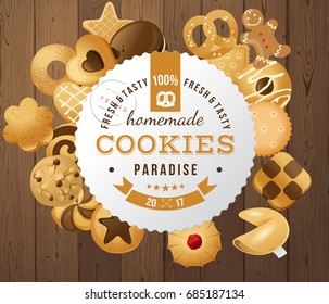 100 fresh and tasty homemade cookies paradise paper round label. Vector illustration