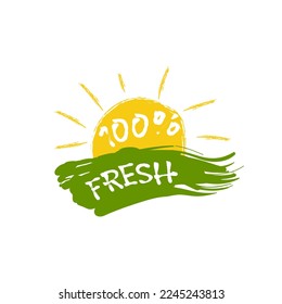 100% fresh.Vector icon with sun and text