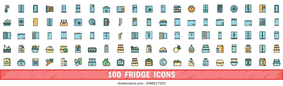 100 fridge icons set. Color line set of fridge vector icons thin line color flat on white