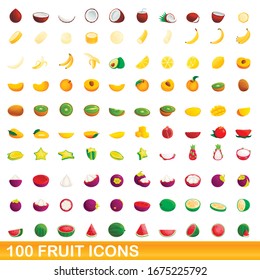 100 fruit icons set. Cartoon illustration of 100 fruit icons vector set isolated on white background