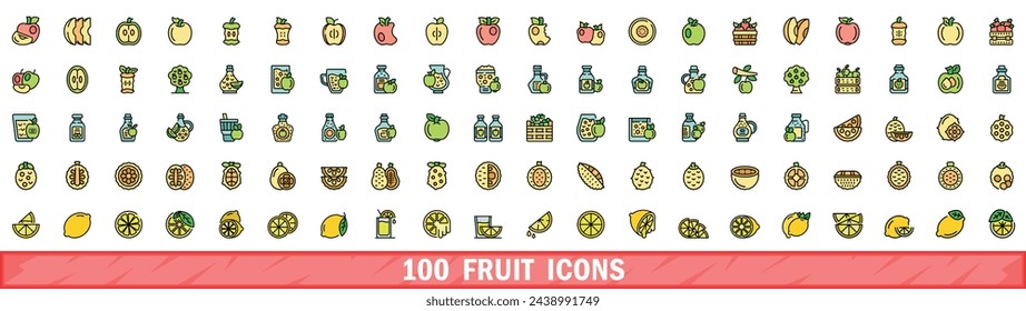 100 fruit icons set. Color line set of fruit vector icons thin line color flat on white