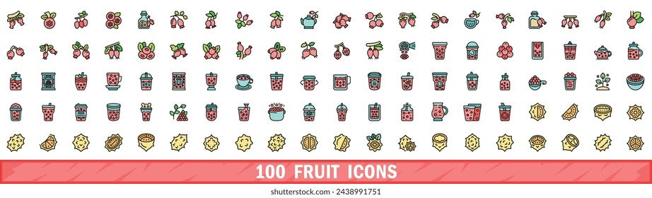 100 fruit icons set. Color line set of fruit vector icons thin line color flat on white