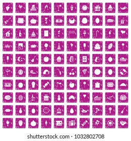 100 fruit party icons set in grunge style pink color isolated on white background vector illustration