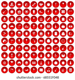 100 fruit party icons set in red circle isolated on white vectr illustration