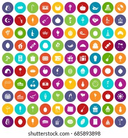 100 fruit party icons set in different colors circle isolated vector illustration