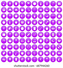 100 fruit party icons set in purple circle isolated vector illustration