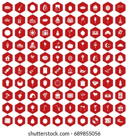 100 fruit party icons set in red hexagon isolated vector illustration