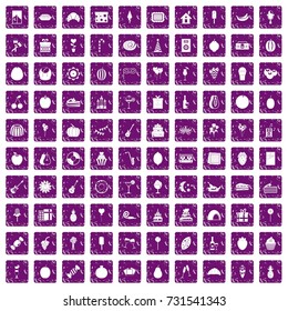 100 fruit party icons set in grunge style purple color isolated on white background vector illustration