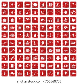 100 fruit party icons set in grunge style red color isolated on white background vector illustration