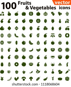 100 Fruits & Vegetable Solid Vector Icon Set