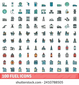 100 fuel icons set. Color line set of fuel vector icons thin line color flat on white