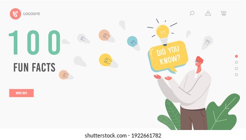 100 fun facts Landing Page Template. Man with Did You Know Speech Bubble and Light Bulbs Representing Explanation of Interesting Fact, Promo Information, Clear Statement. Cartoon Vector Illustration