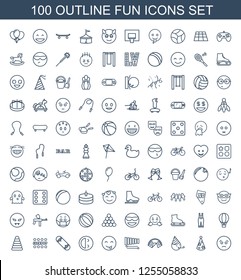 100 fun icons. Trendy fun icons white background. Included outline icons such as sad emot, party hat, party emot, tent, xylophone, emot showing tongue. fun icon for web and mobile.