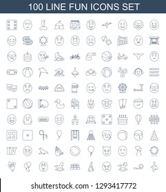 100 fun icons. Trendy fun icons white background. Included line icons such as paintball, party pipe, toy horse, devil emot, party hat, dance floor. fun icon for web and mobile.