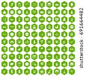 100 funny icons set in green hexagon isolated vector illustration