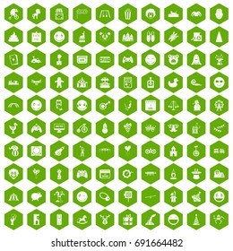 100 funny icons set in green hexagon isolated vector illustration