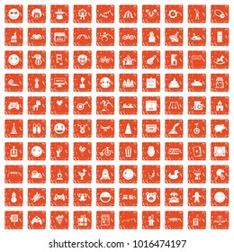 100 funny icons set in grunge style orange color isolated on white background vector illustration