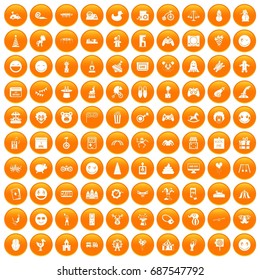 100 funny icons set in orange circle isolated vector illustration