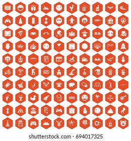 100 funny icons set in orange hexagon isolated vector illustration