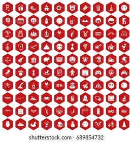 100 funny icons set in red hexagon isolated vector illustration