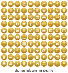100 furnishing icons set in gold circle isolated on white vectr illustration