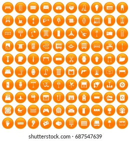 100 furnishing icons set in orange circle isolated vector illustration