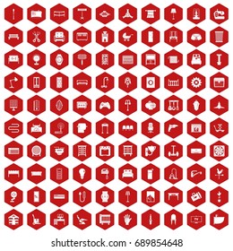 100 furnishing icons set in red hexagon isolated vector illustration