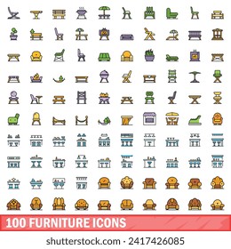 100 furniture icons set. Color line set of furniture vector icons thin line color flat on white