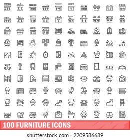 100 furniture icons set. Outline illustration of 100 furniture icons vector set isolated on white background