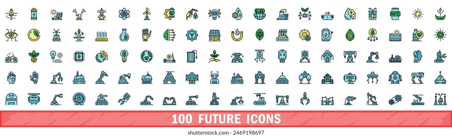100 future icons set. Color line set of future vector icons thin line color flat on white