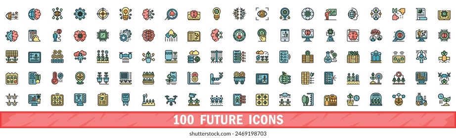 100 future icons set. Color line set of future vector icons thin line color flat on white