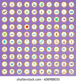 100 future technology icons set in cartoon style on purple background vector illustration