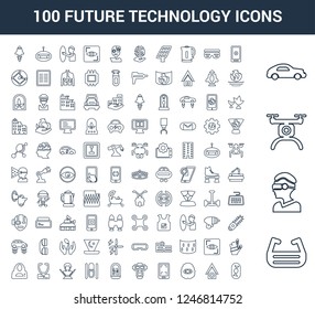 100 Future Technology universal linear icons set with Ar glasses, Vr Drone, Car, Smartphone, Smart house, Artificial intelligence, Robot, Tree