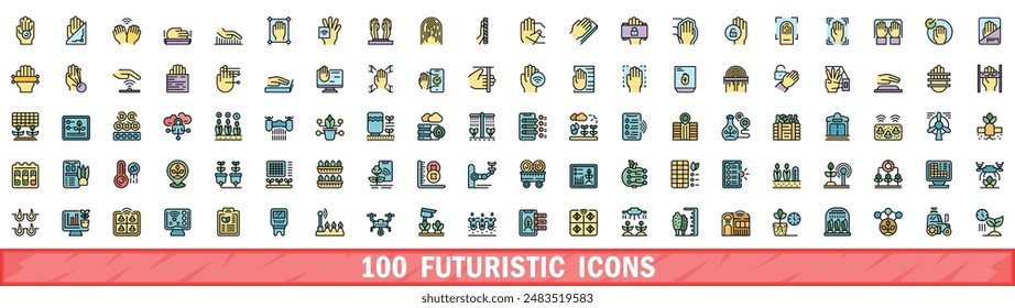 100 futuristic icons set. Color line set of futuristic vector icons thin line color flat on white