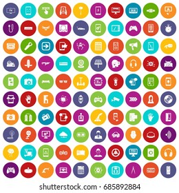 100 gadget icons set in different colors circle isolated vector illustration