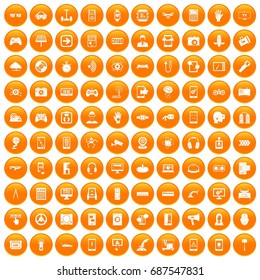 100 gadget icons set in orange circle isolated vector illustration