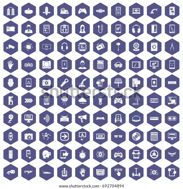 100 gadget icons set in purple hexagon\
isolated vector\
illustration