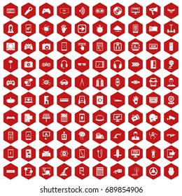 100 gadget icons set in red hexagon isolated vector illustration