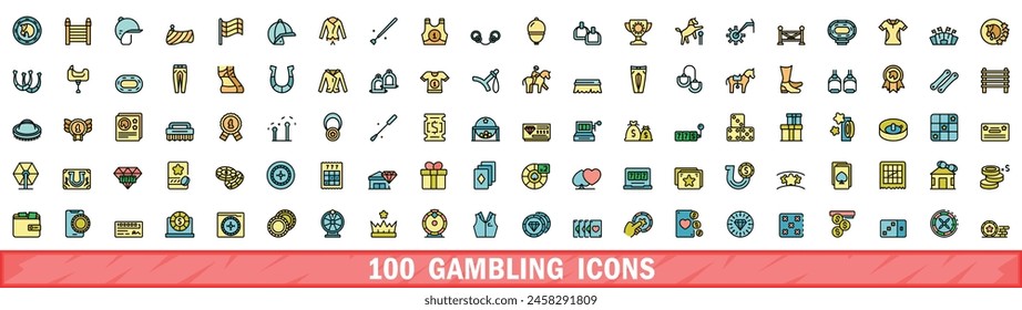 100 gambling icons set. Color line set of gambling vector icons thin line color flat on white