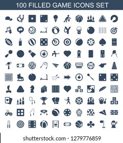 100 game icons. Trendy game icons white background. Included filled icons such as Slot machine, flag, Clubs, basketball, portable game console, swing. game icon for web and mobile.