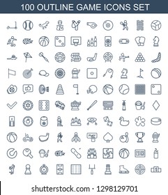 100 game icons. Trendy game icons white background. Included outline icons such as ranking, target, ice skating, chess king, goal post, field, football pitch. game icon for web and mobile.