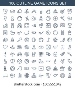 100 game icons. Trendy game icons white background. Included outline icons such as horse chess, Casino chip, whistle, Spades, paintball, ABC cube. game icon for web and mobile.