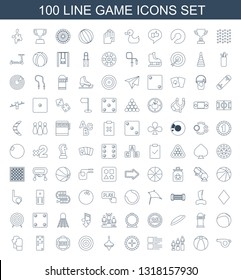 100 game icons. Trendy game icons white background. Included line icons such as whistle, plastic ball, ranking, menu, Roulette, whirligig, target. game icon for web and mobile.