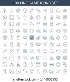 100 game icons. Trendy game icons white background. Included line icons such as bucket toy for beach, jump rope, from toy for beach, Roulette, joystick. game icon for web and mobile.