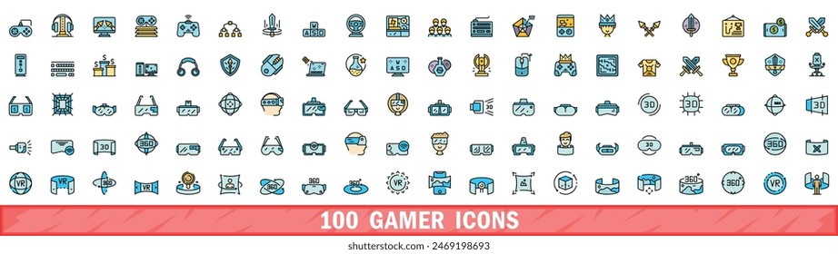 100 gamer icons set. Color line set of gamer vector icons thin line color flat on white