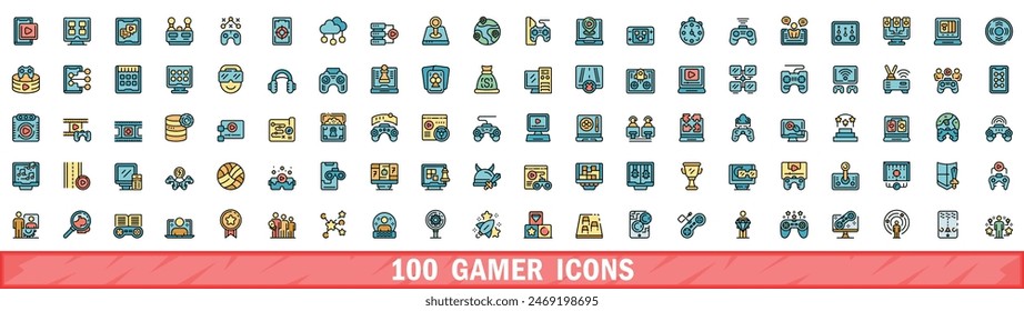 Conjunto de 100 iconos de jugador. Conjunto de línea de color de iconos vectoriales de gamer línea fina de color plana en blanco